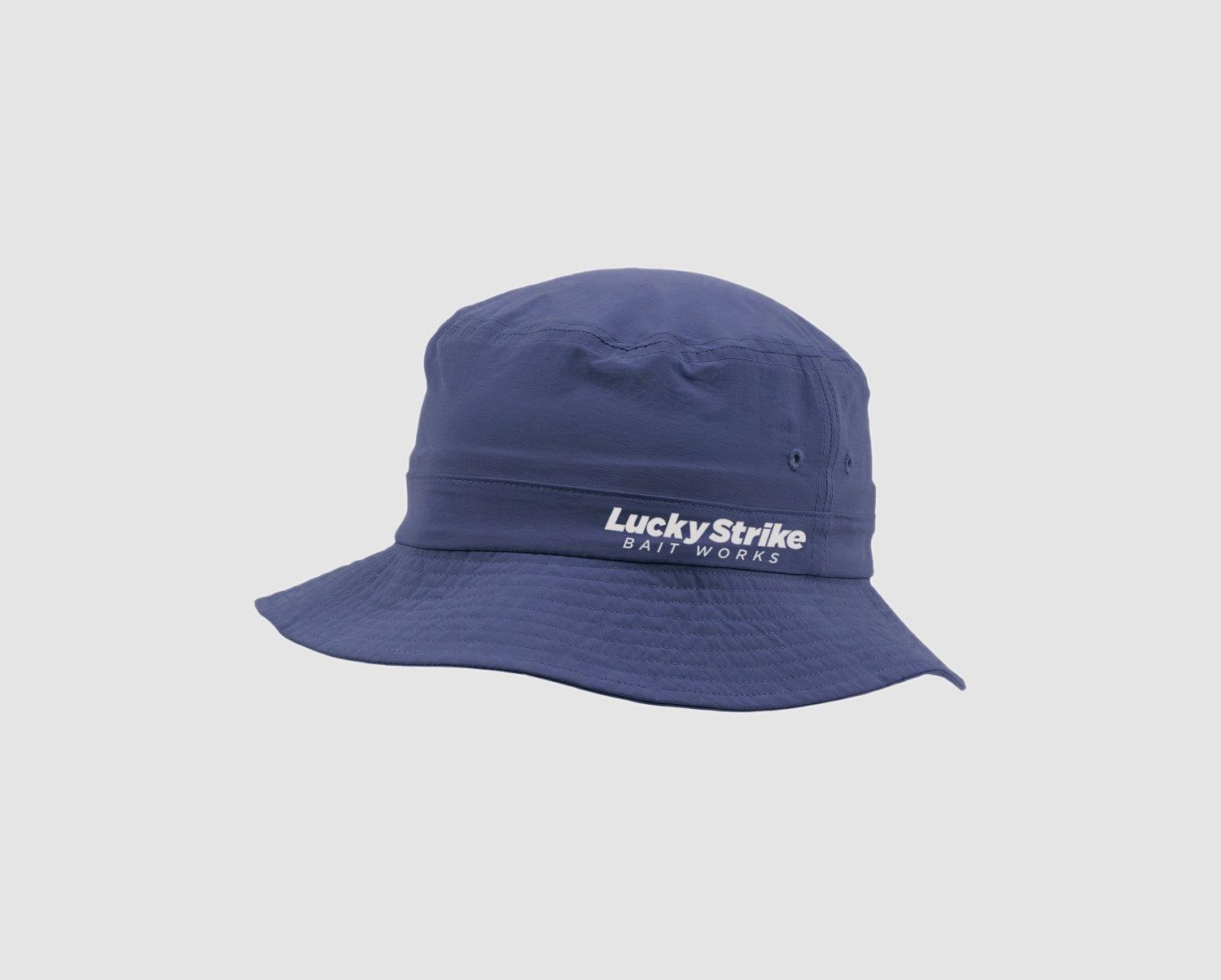 Lucky Strike Bait Works navy blue bucket hat on plain background