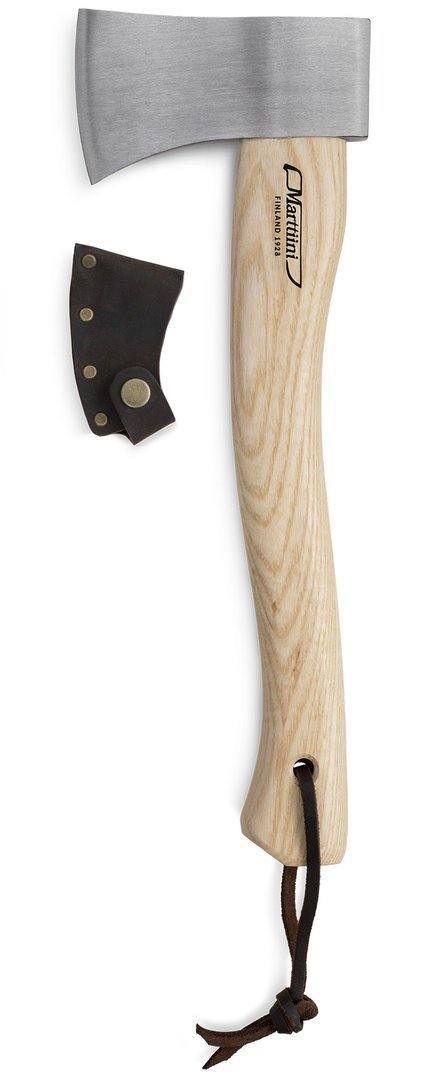 Marttiini camping axe with wooden handle, leather sheath, outdoor sports gear