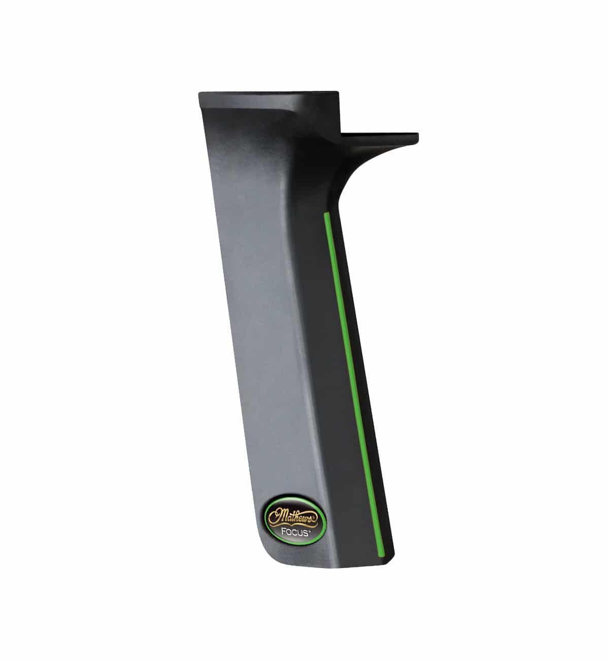 Mathews Archery Focus Grip gray bow grip with green accent and logo on white background