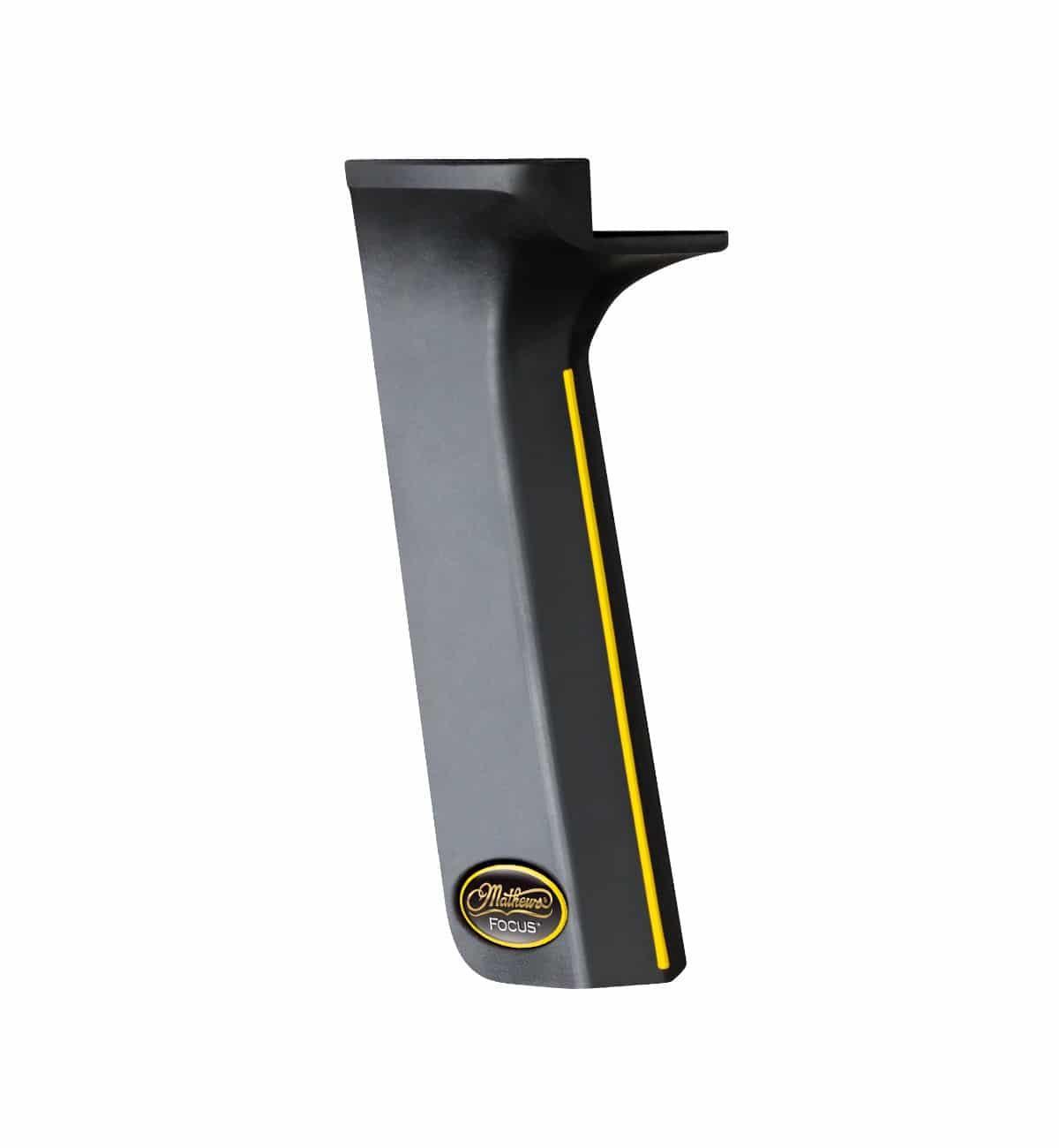 Mathews Archery Focus Grip black with yellow stripe and logo on white background