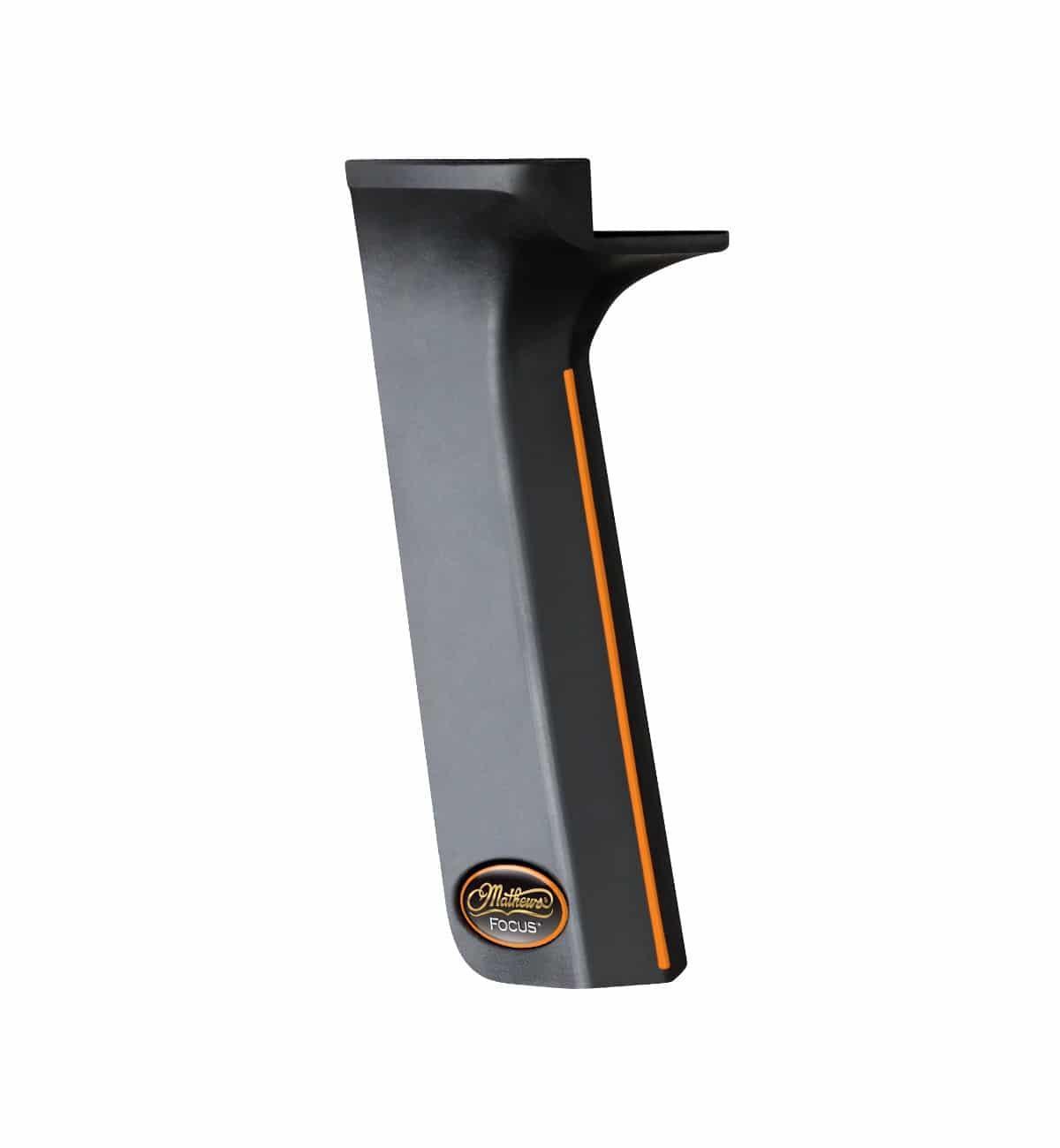 Mathews Archery Focus Grip black accessory with orange stripe on white background