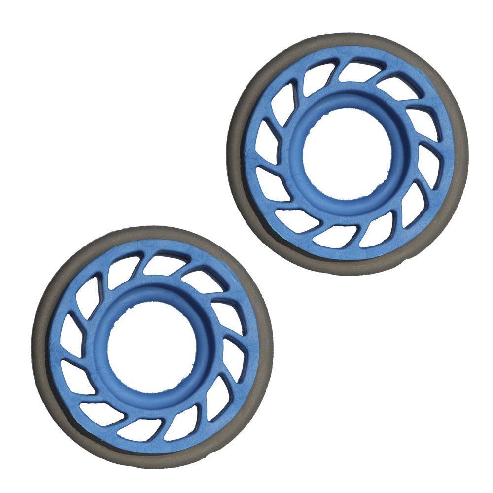 Two blue and gray Mathews archery custom damping HDS rubber rings on white background