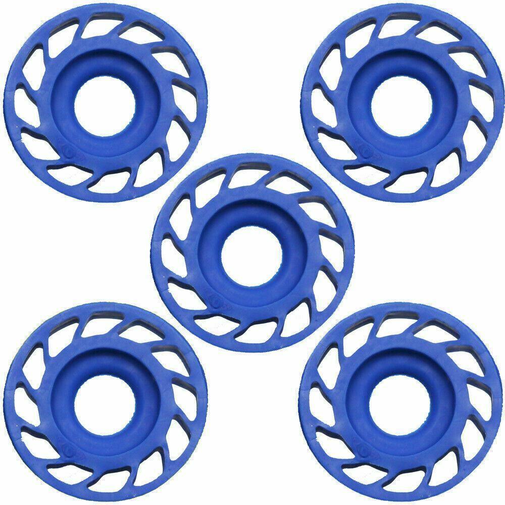 Set of five blue Mathews archery custom damping mini HDS rubber rings on white background