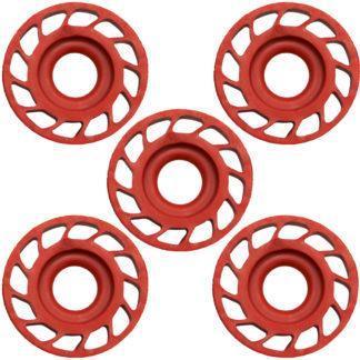 Five red Mathews archery rubber body custom damping mini HDS rings arranged on white