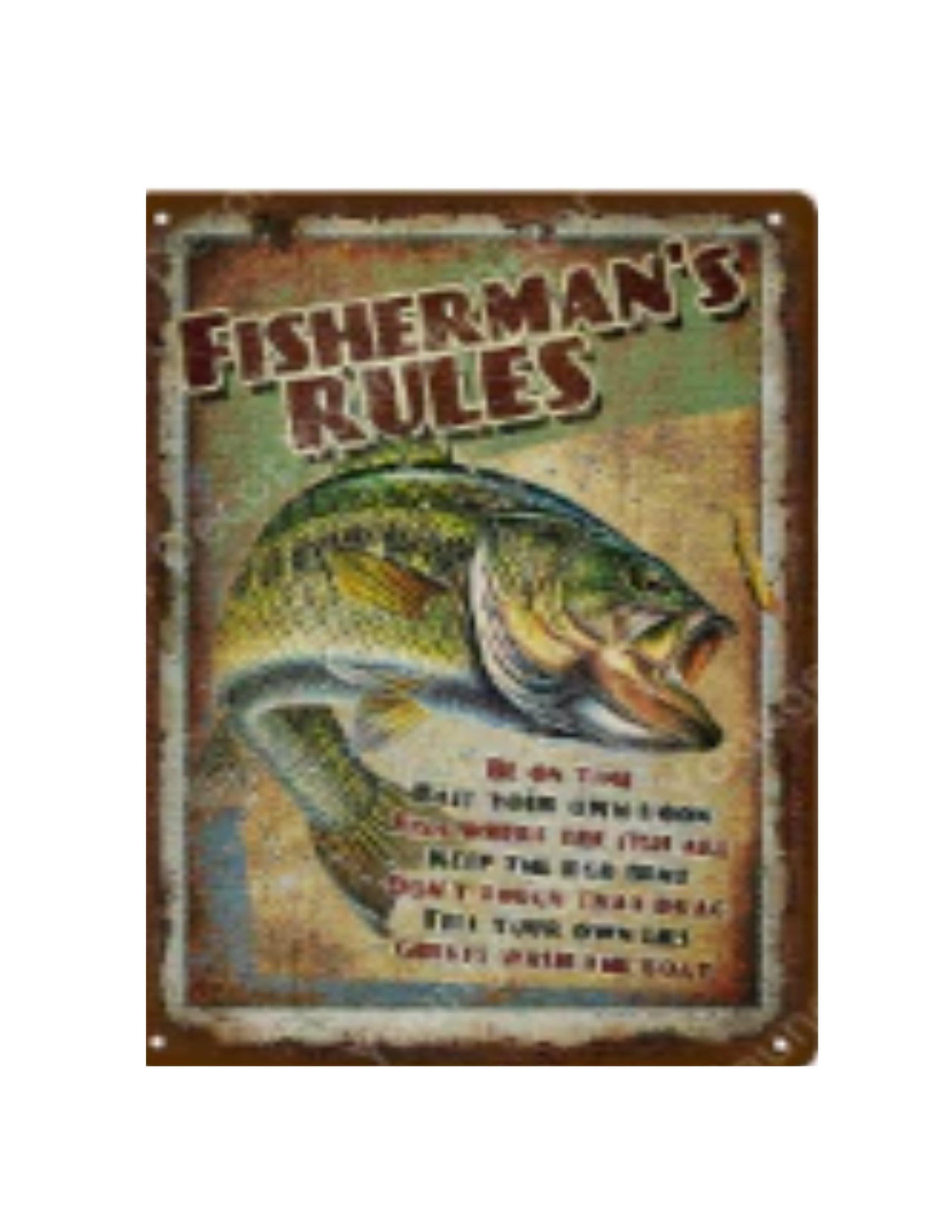 Vintage metal tin sign with Fisherman's Rules and a large illustrated fish, rustic decor