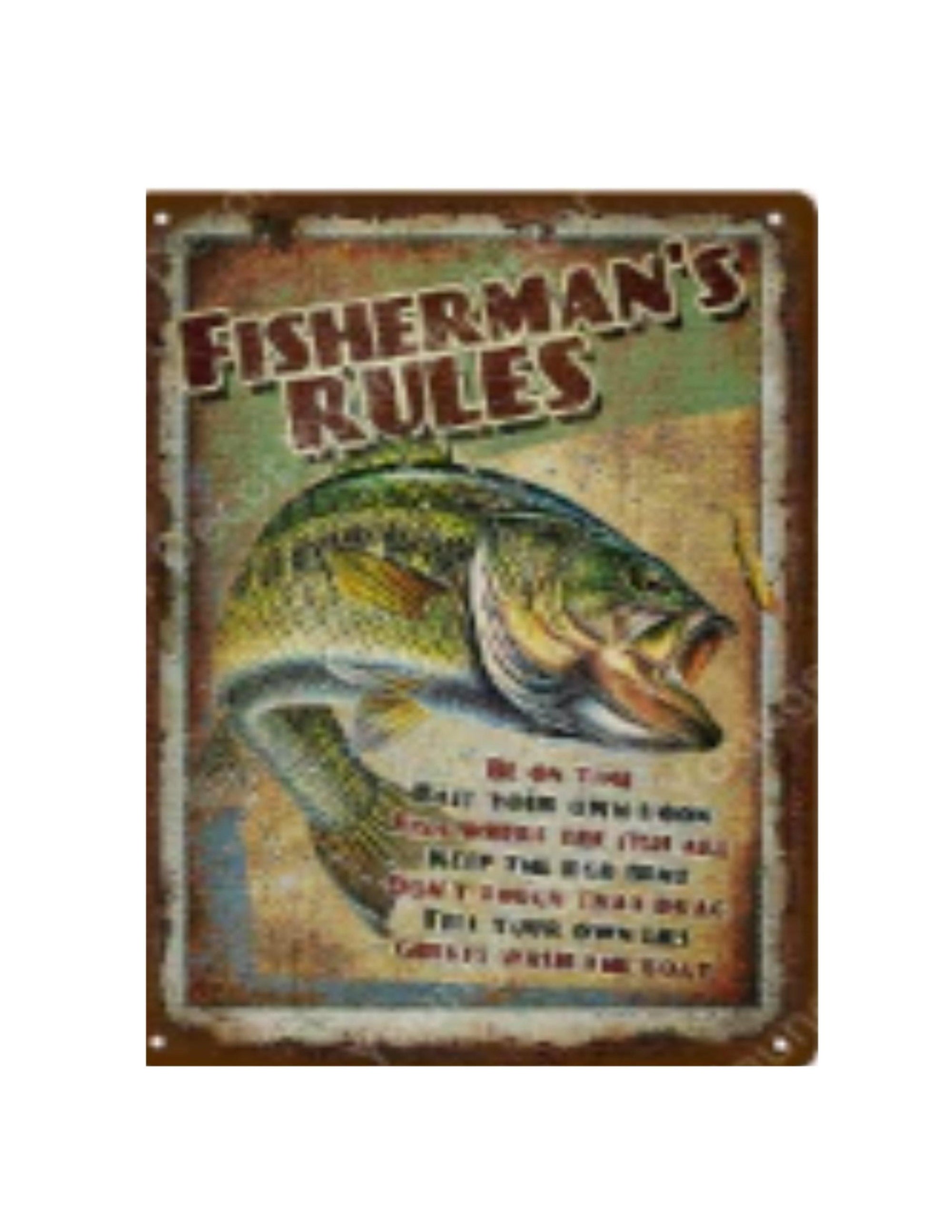 Vintage metal tin sign with Fisherman's Rules and a large illustrated fish, rustic decor