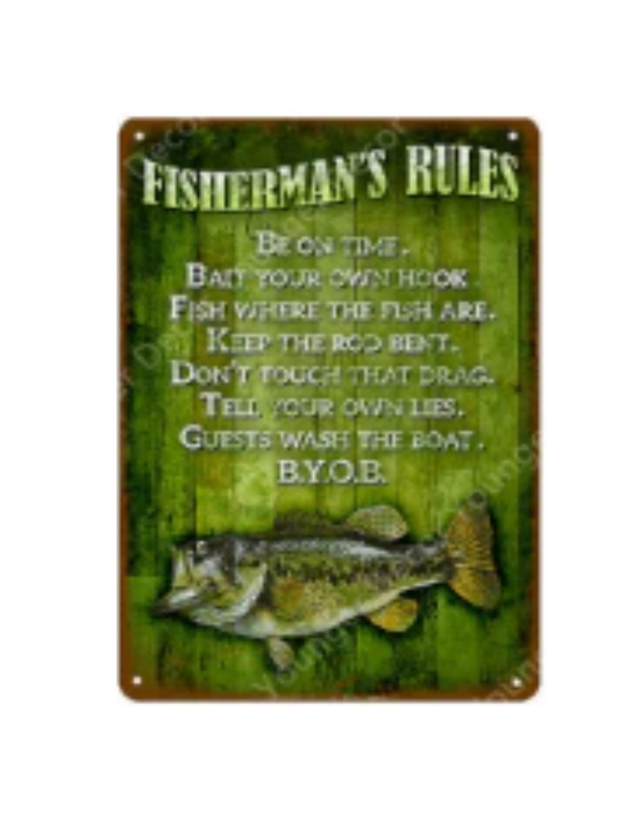 Green metal tin sign with Fisherman's Rules, vintage design, and a fish illustration