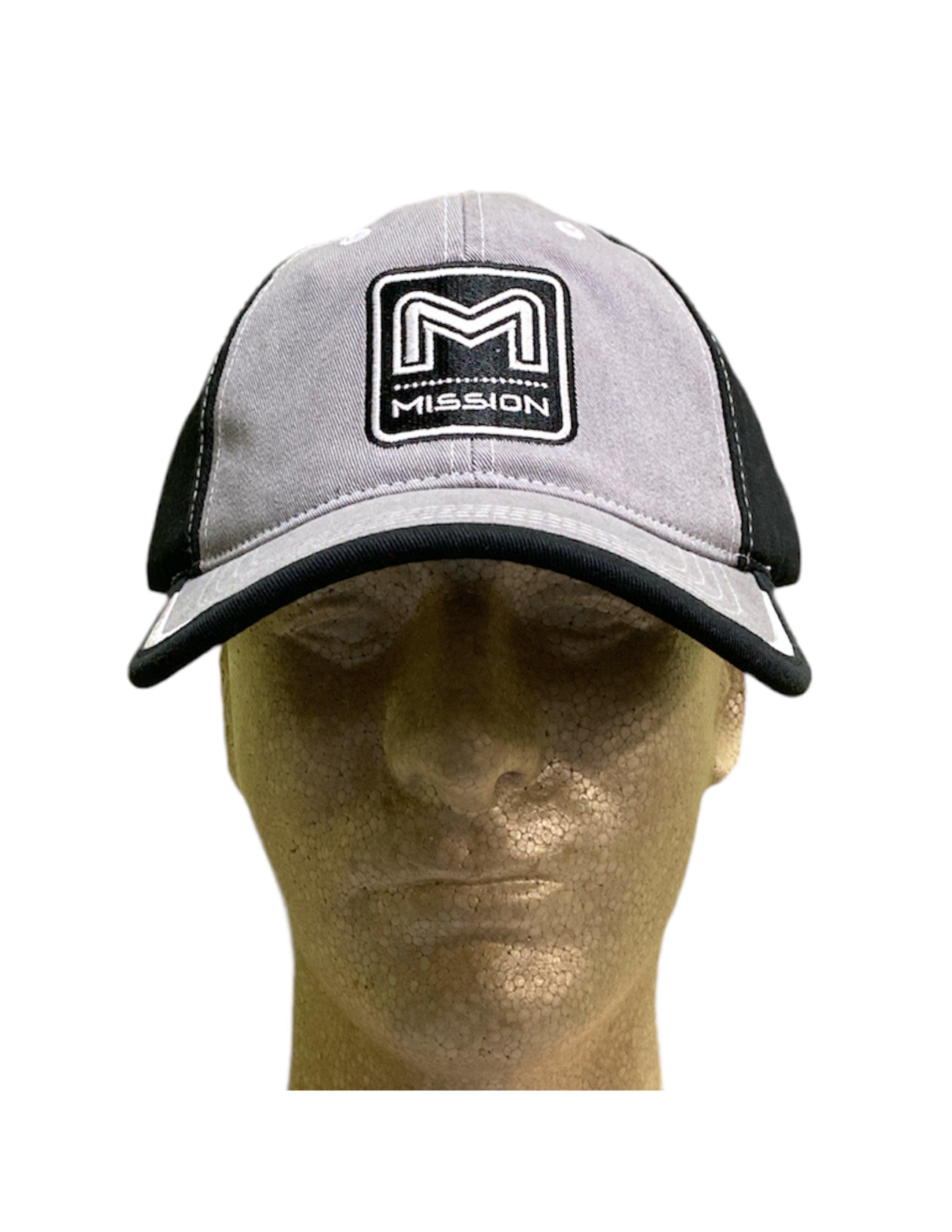 Mission Archery black and grey block hat on mannequin head, front logo visible