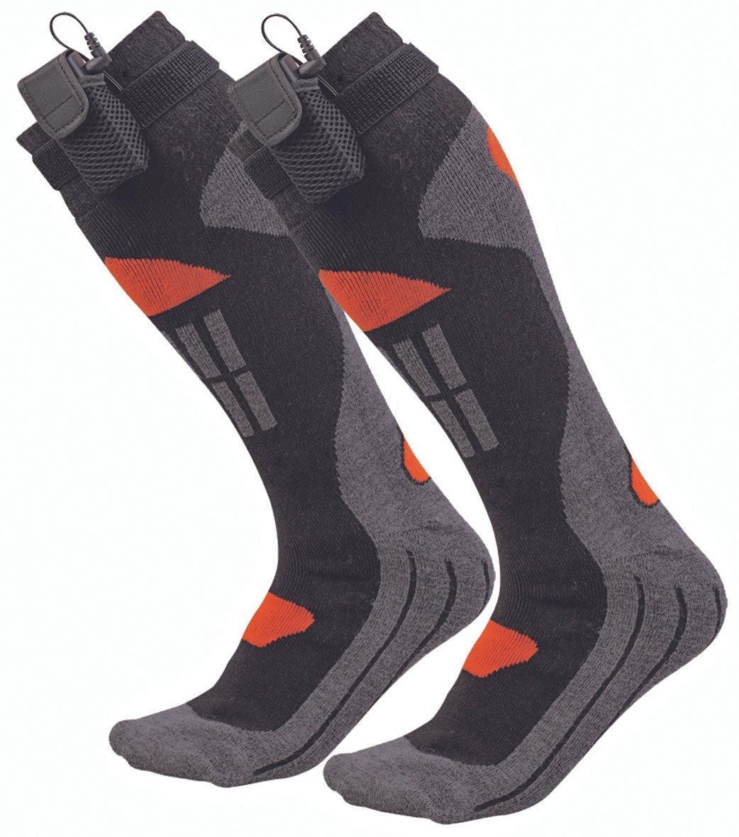 Pair of black and gray battery operated electric heated socks with orange accents