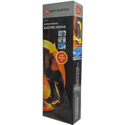Misty Mountain battery operated electric socks retail box with product images and features