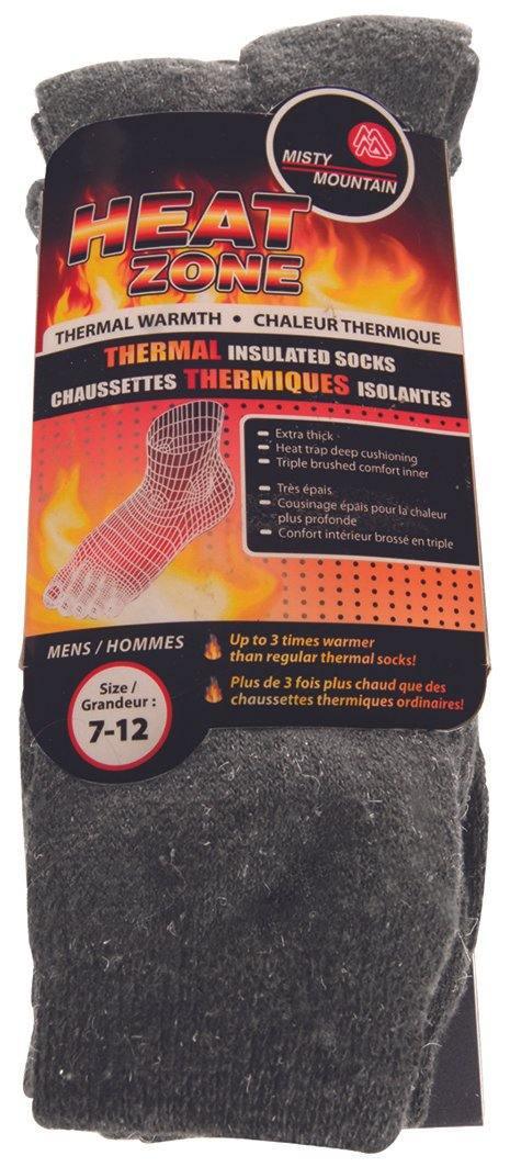 Misty Mountain Heat Zone men's heavy duty thermal insulated socks in gray, size 7-12, in packaging.