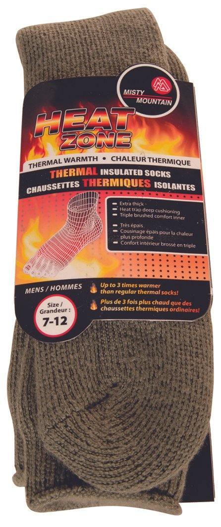 Misty Mountain Heat Zone thermal insulated socks in brown, packaging highlights warmth and size 7-12