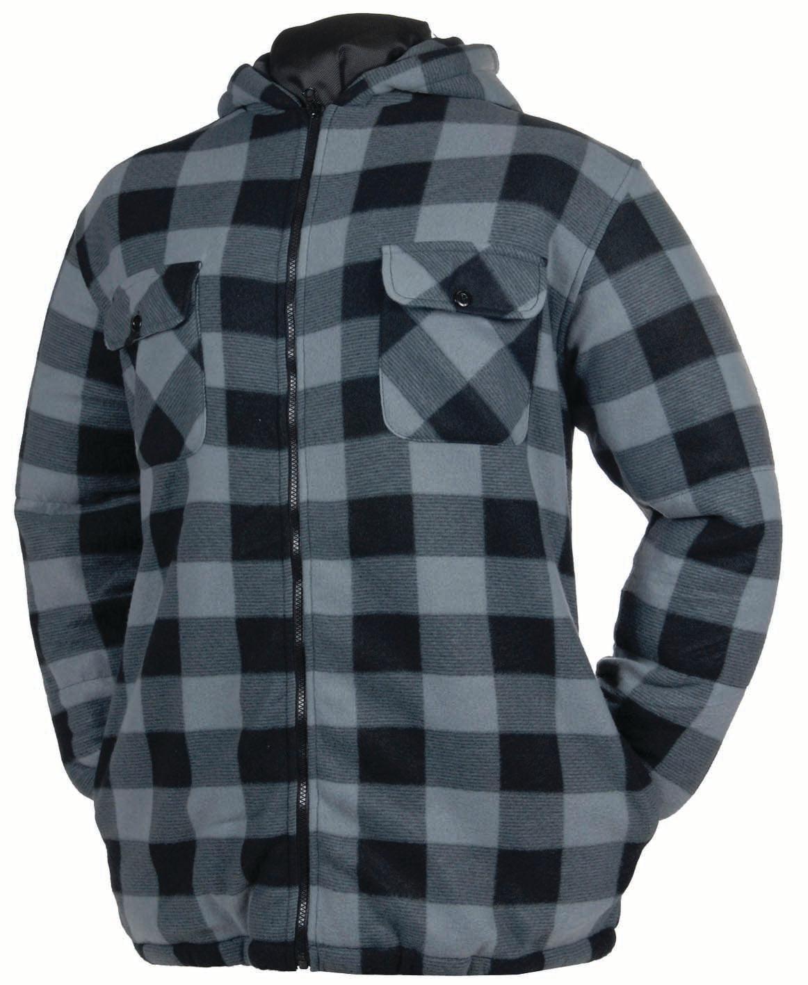 Gray and black plaid fleece sherpa hooded jacket with zipper and chest pockets