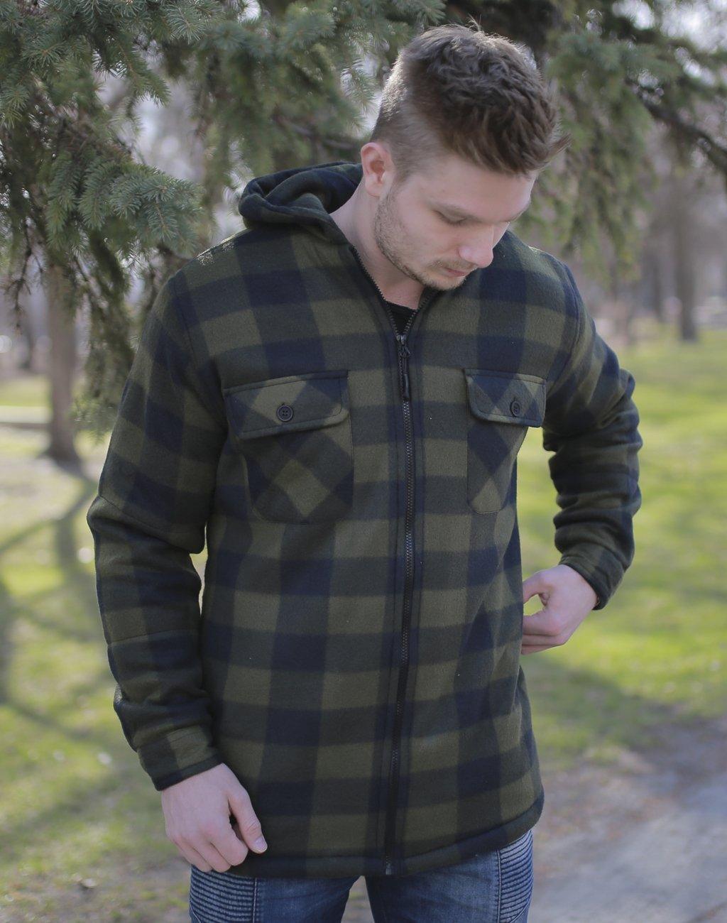 Man wearing green plaid fleece zipper hooded jacket outdoors in park
