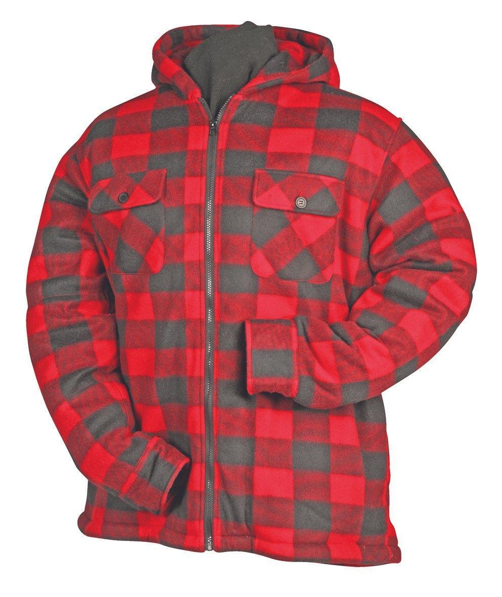 Red and black plaid fleece zip-up sherpa hooded jacket with chest pockets