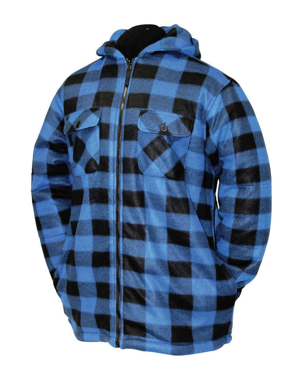 Blue and black plaid fleece zippered hooded jacket with chest pockets, outdoor apparel