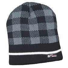 Black and gray plaid thermal insulated toque with white stripe and outdoor sports patch