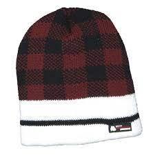 Plaid thermal insulated toque with red and black check pattern and white trim