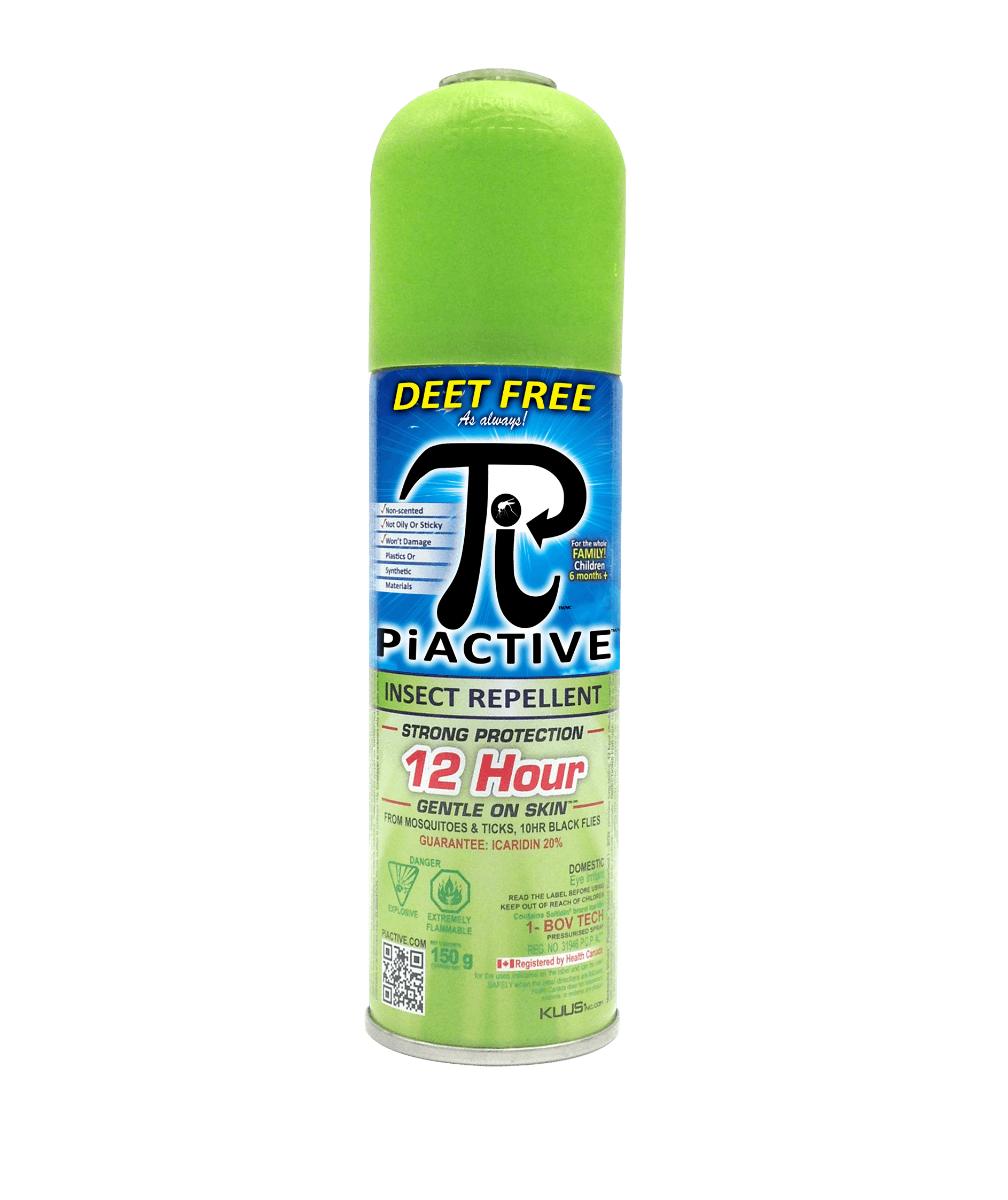 PiACTIVE DEET-free insect repellent aerosol can, 12 hour protection, green cap, 150g