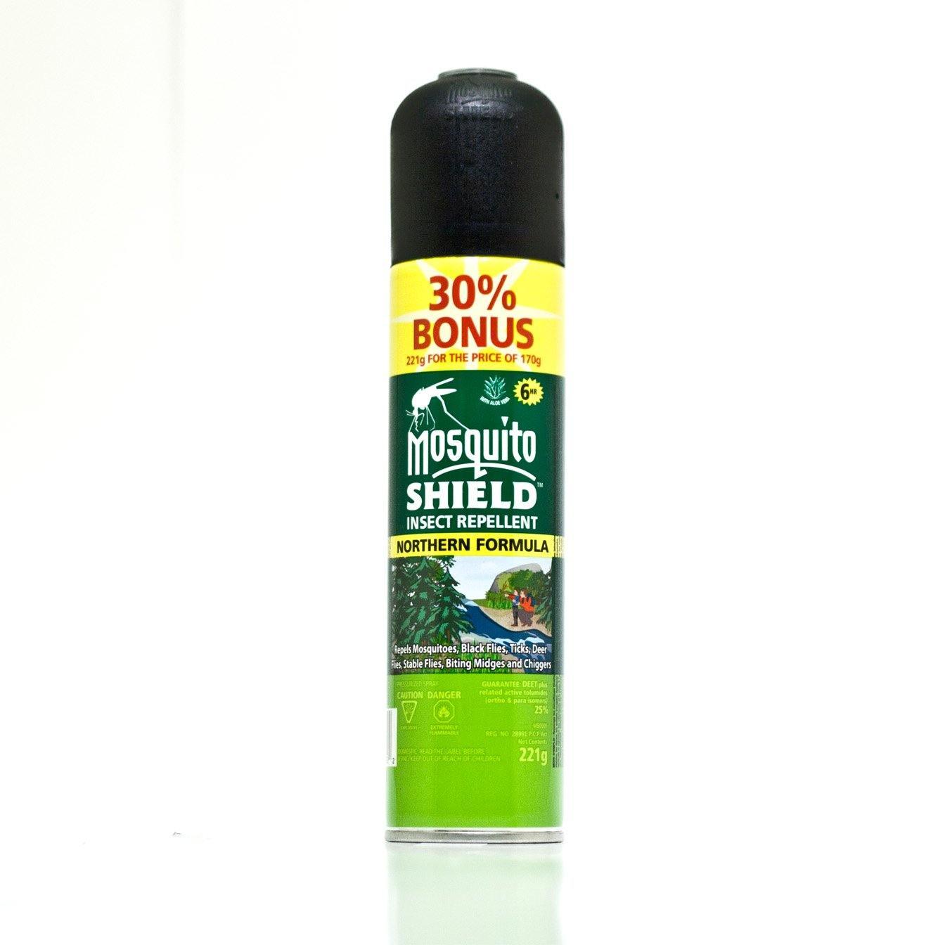 Mosquito Shield Northern Formula aerosol insect repellent spray can with 30% bonus label.