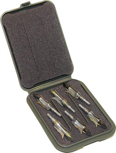 MTM Case-Gard army green broadhead case holding six mechanical broadheads in foam insert