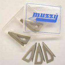 Muzzy archery broadhead replacement blades in clear plastic case, set of six.
