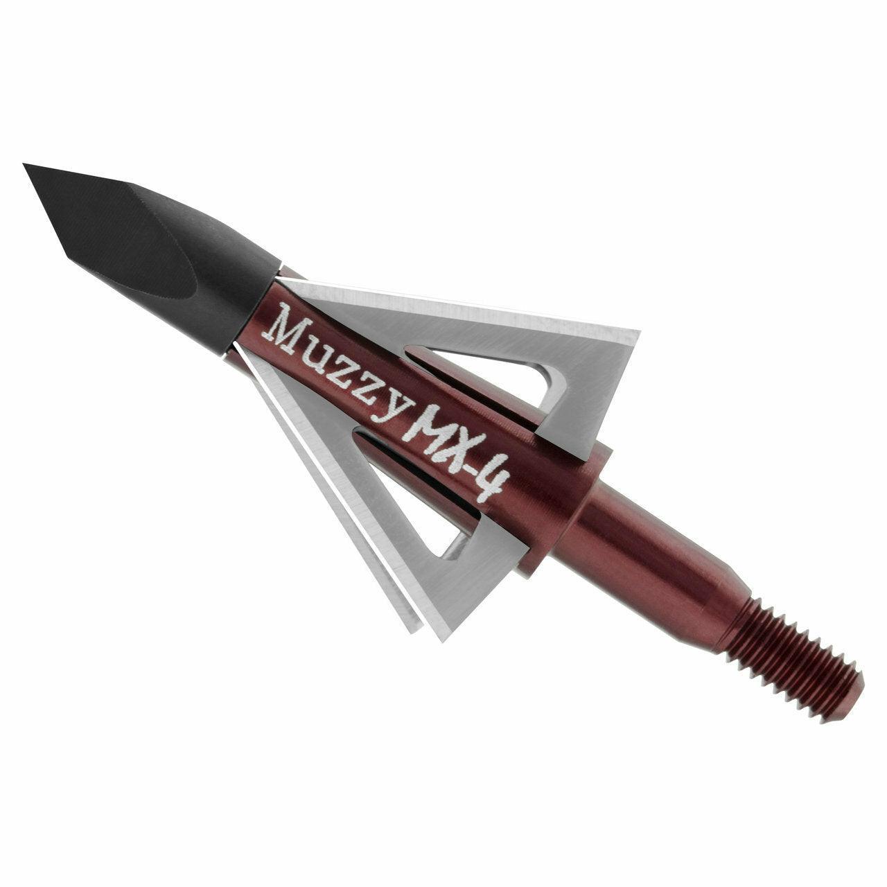 Muzzy MX-4 broadhead arrow tip with four blades, hunting archery equipment