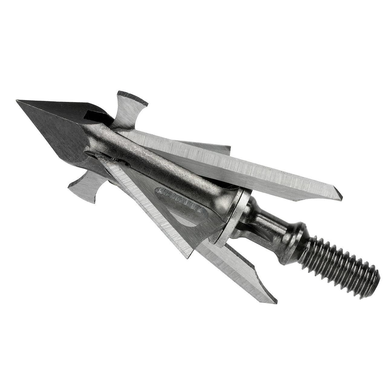 Muzzy Trocar HB broadhead with hybrid fixed and mechanical blades, archery hunting tip