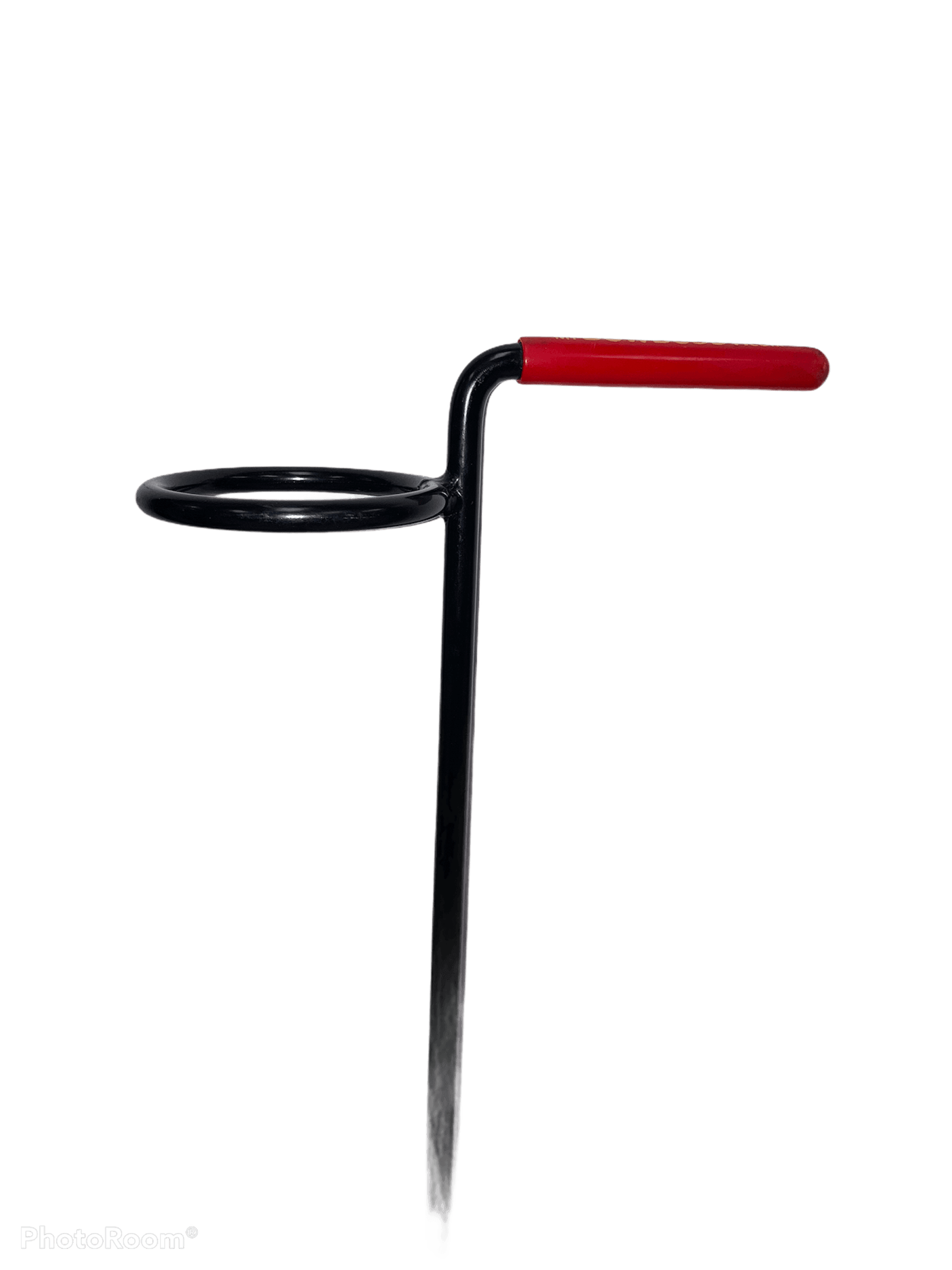 Black metal archery arrow holder with red handle on plain background