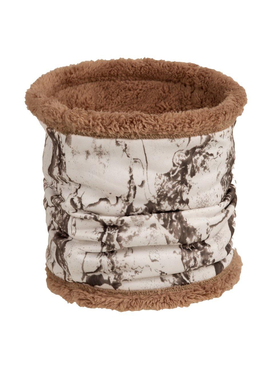 Snow camo fleece neck gaiter with brown sherpa lining, outdoor winter accessory