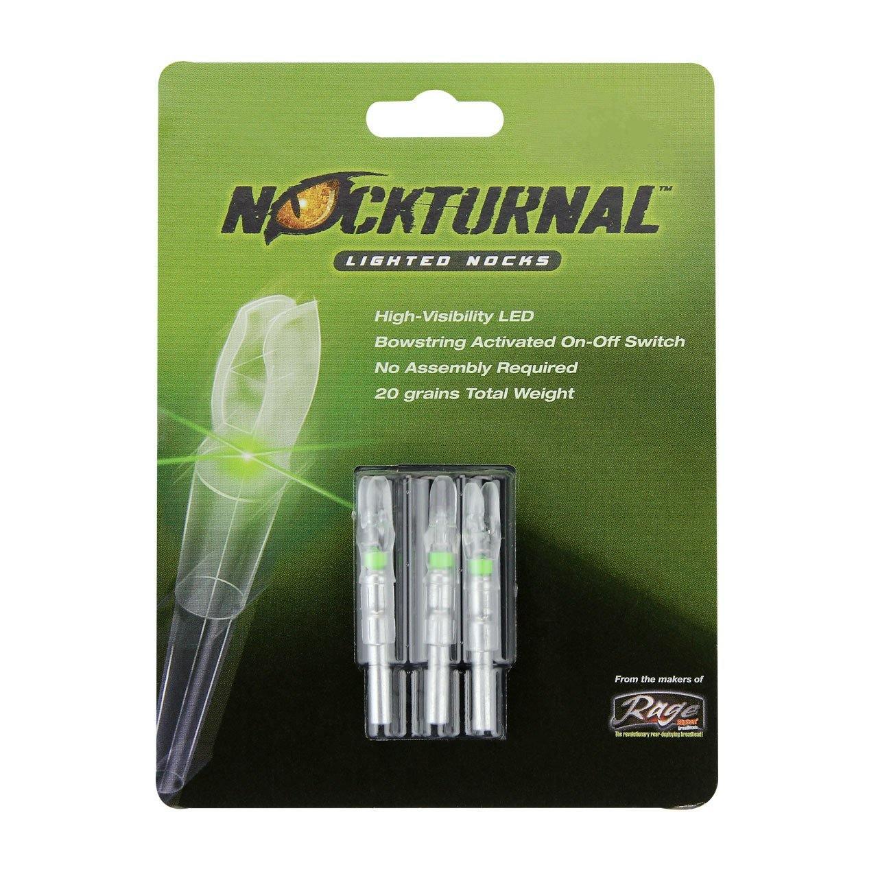 Nockturnal lighted nocks 3-pack with high-visibility LED on green retail packaging