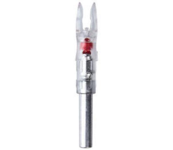 Transparent Nockturnal archery lighted nock with visible red LED and metal shaft
