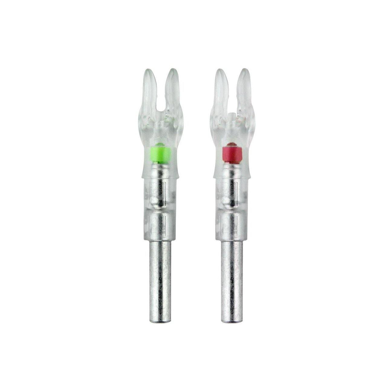 Two Nockturnal archery lighted nocks with clear plastic and colored LED cores
