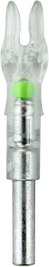 Clear lighted nock for arrows with green insert, archery accessory close-up