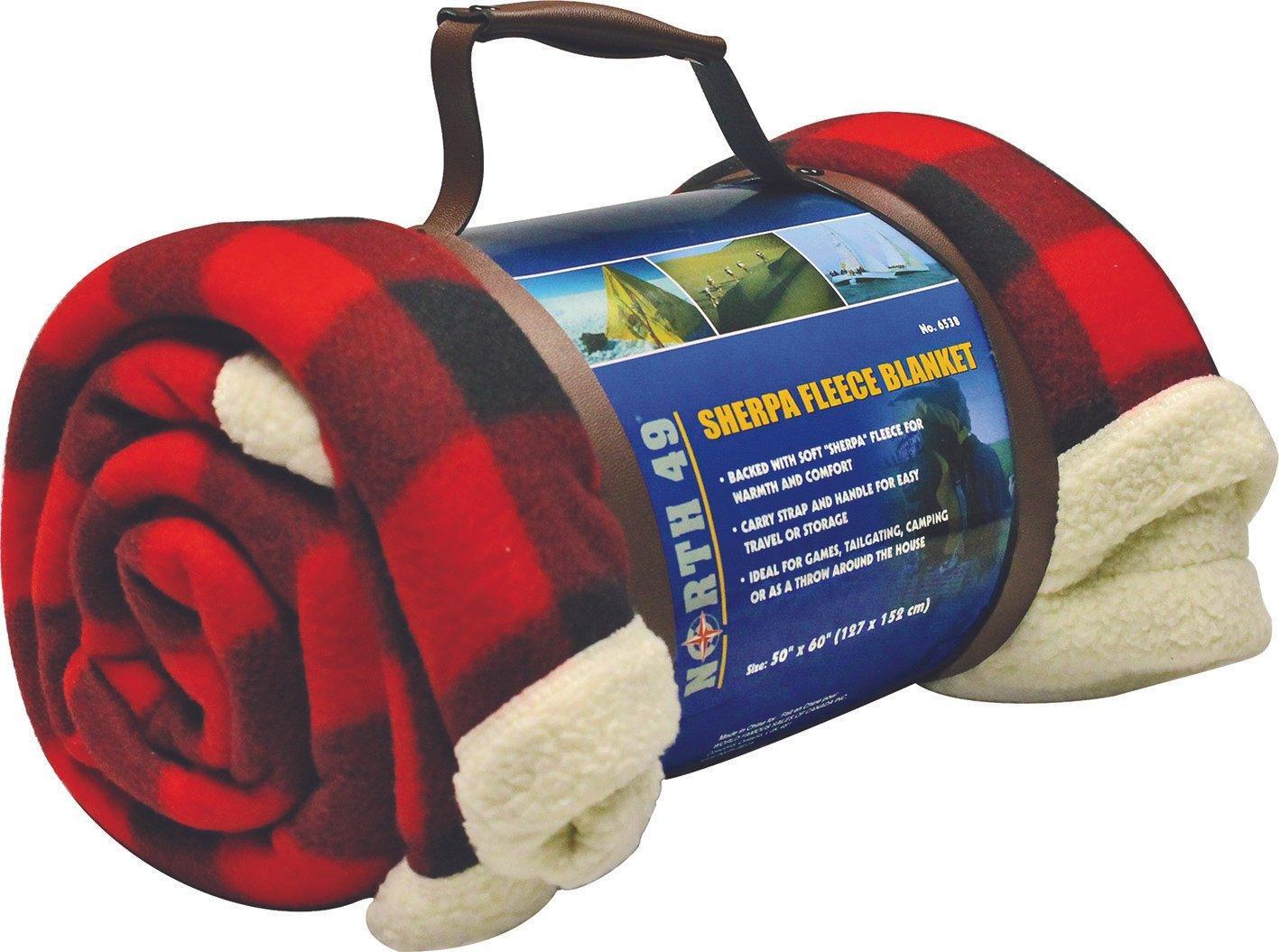 Rolled North 49 red plaid sherpa fleece blanket with carry handle and product label