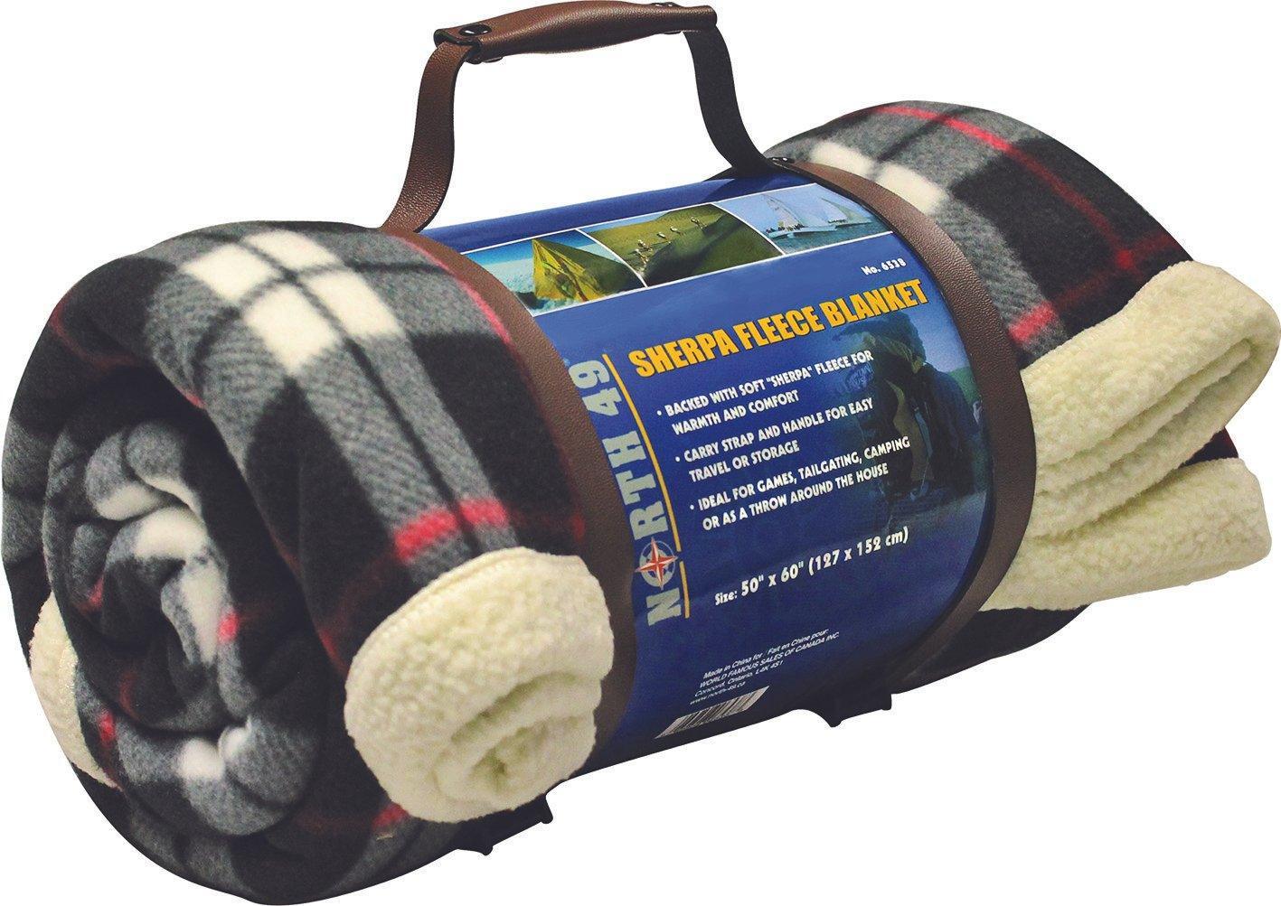 North 49 Sherpa fleece blanket rolled, plaid pattern, carry strap, blue product label