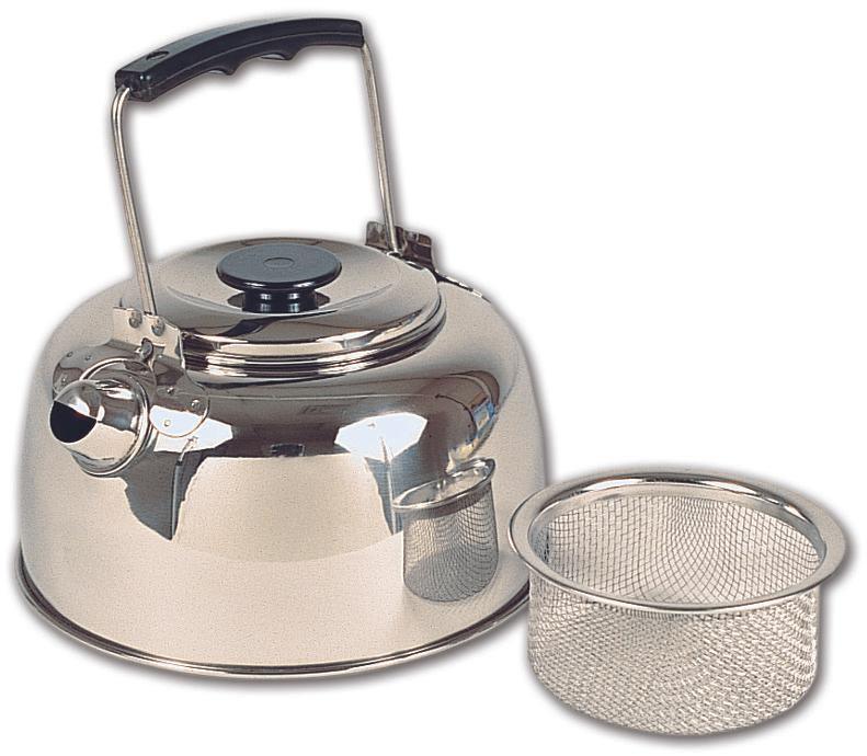 Stainless steel tea kettle with mesh tea infuser basket on white background