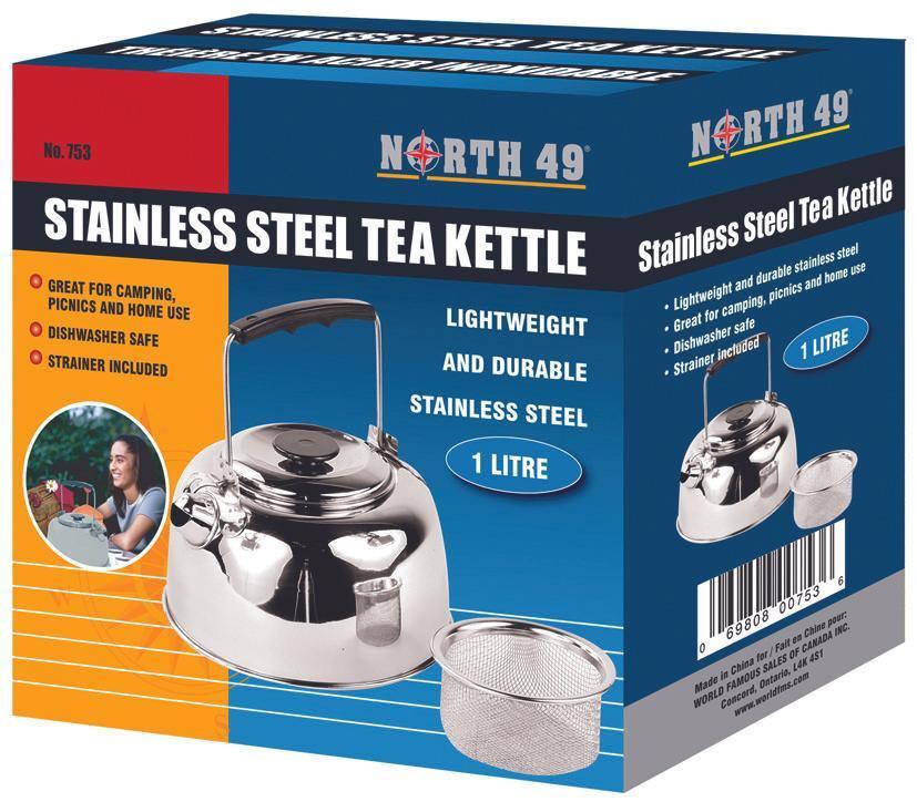 North 49 stainless steel tea kettle 1 litre with strainer, packaging for camping use.