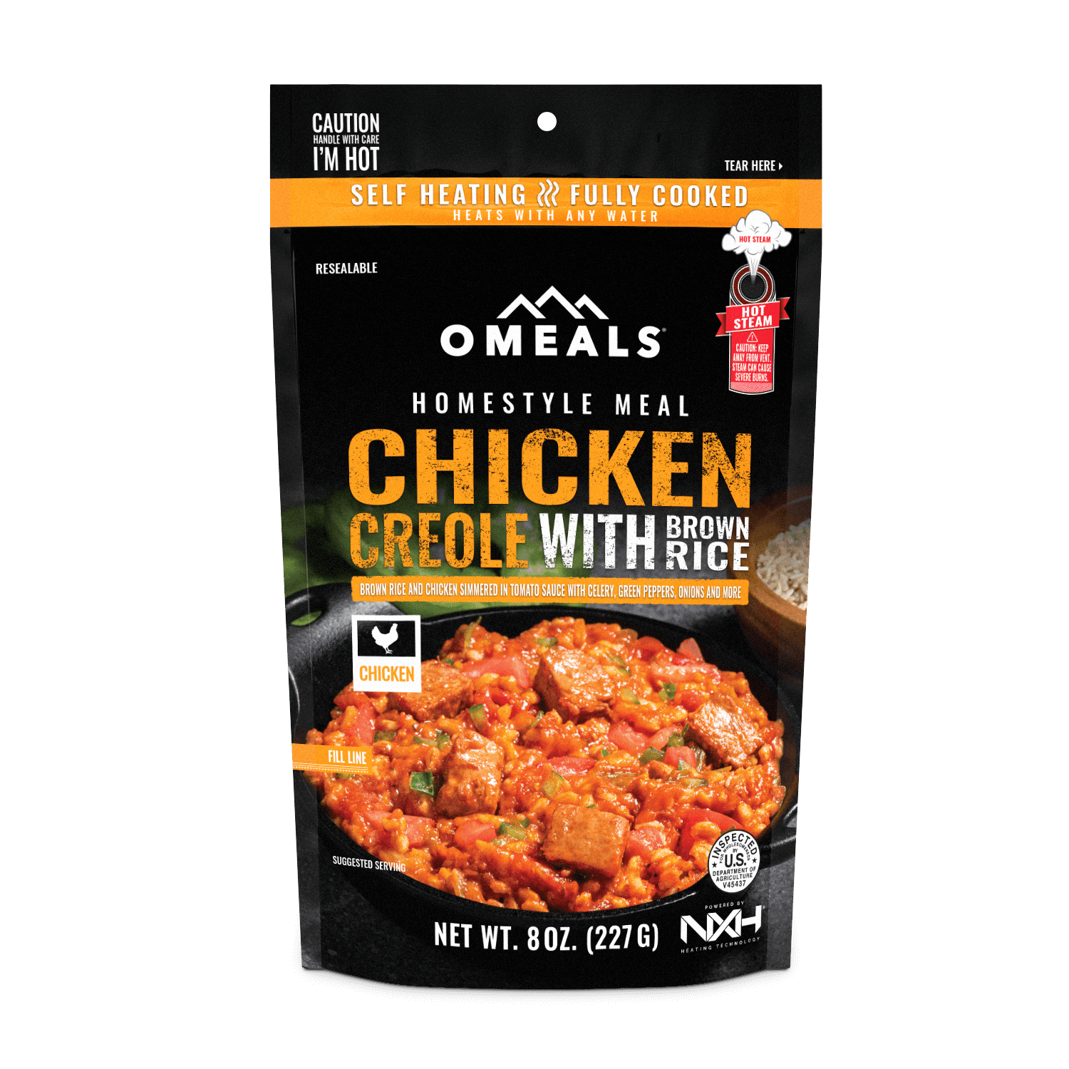 Omeals Chicken Creole with Brown Rice self-heating meal pouch, 8 oz, with food image on front.