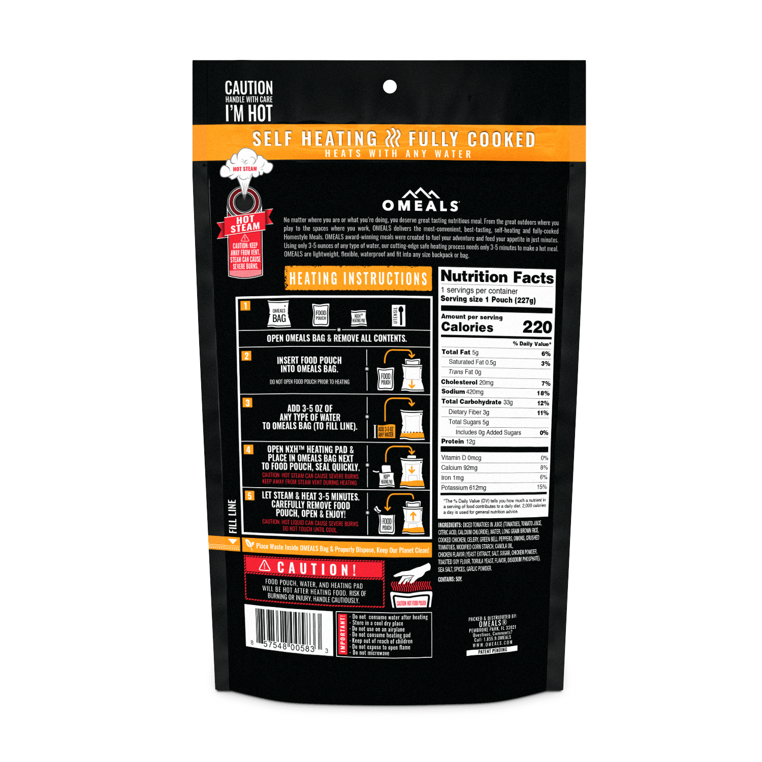 OMEALS Chicken Creole with Brown Rice self-heating meal pouch rear, showing instructions and nutrition facts.