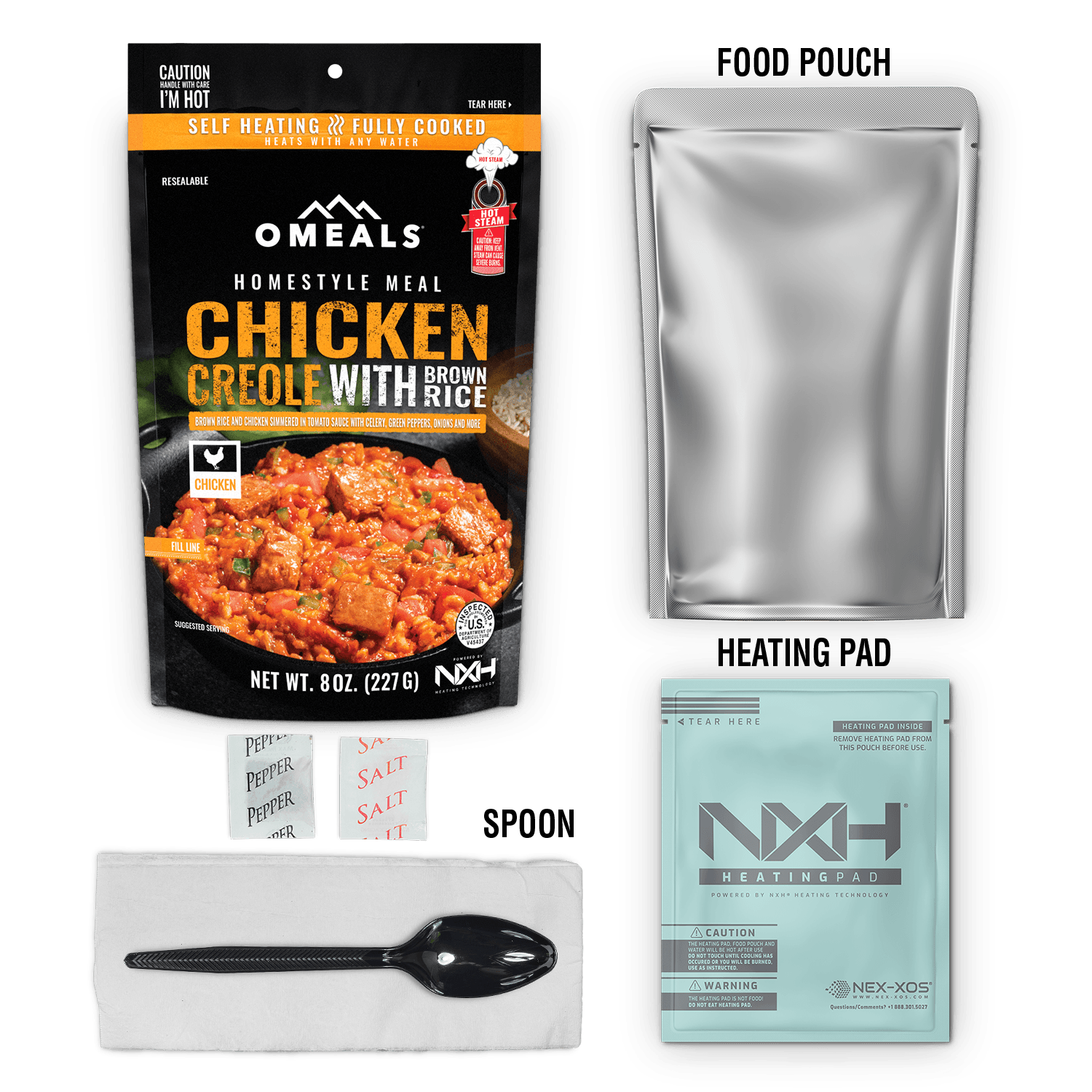Omeals Chicken Creole with Brown Rice meal kit, food pouch, heating pad, spoon, salt and pepper packets