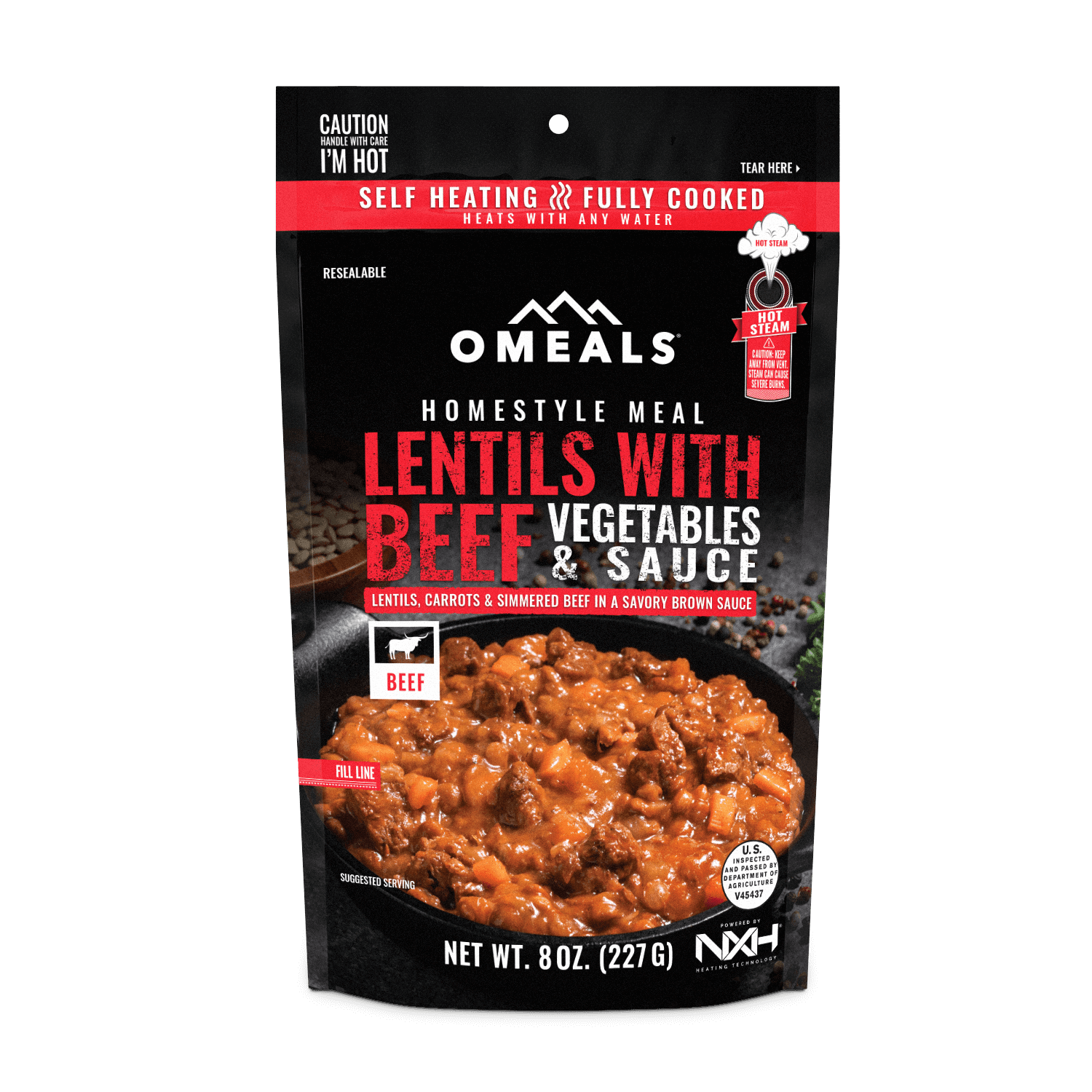 OMEALS Lentils with Beef homestyle meal pouch, self-heating, outdoor-ready, 8 oz serving