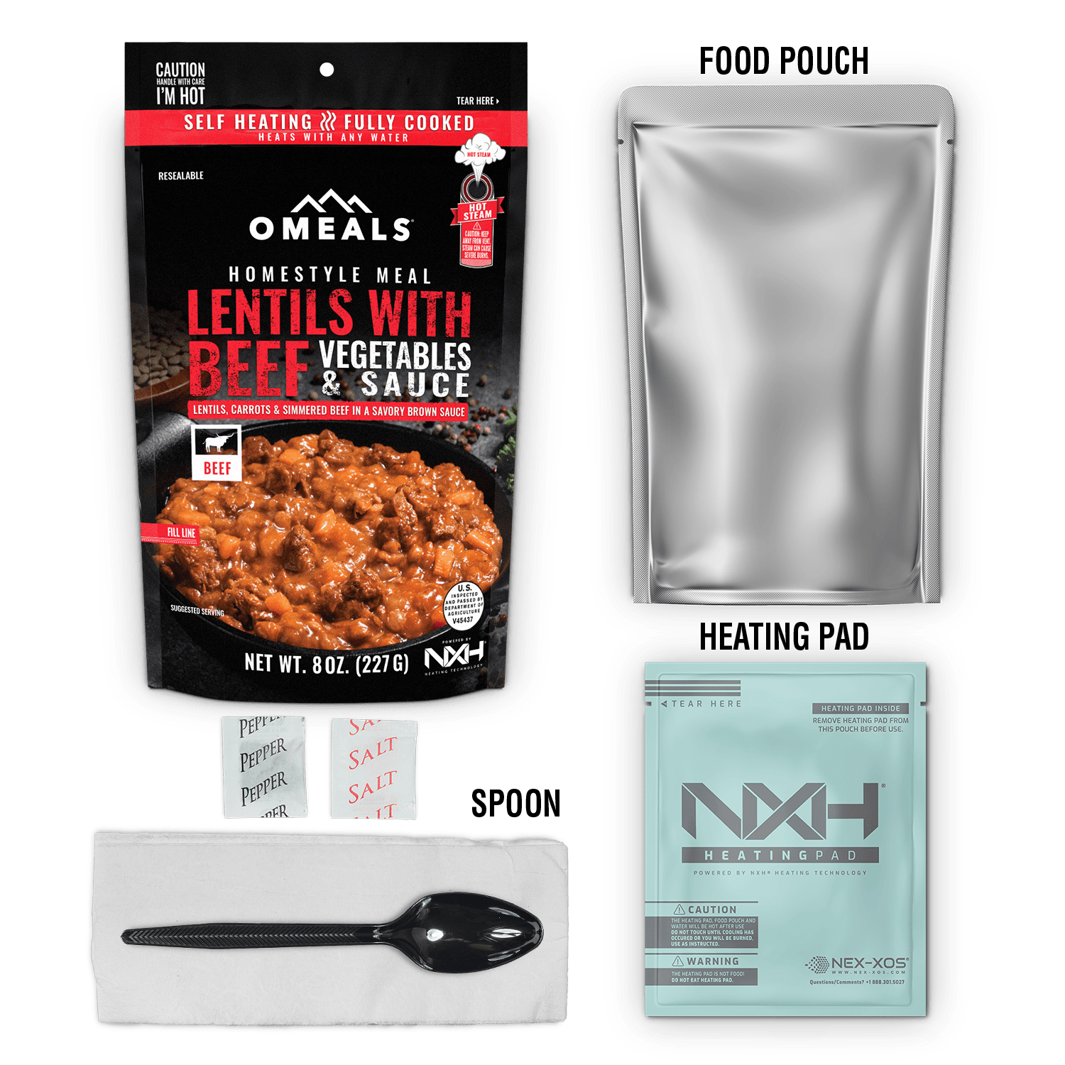 Omeals Lentils with Beef meal kit with heating pad, food pouch, utensils, and condiments