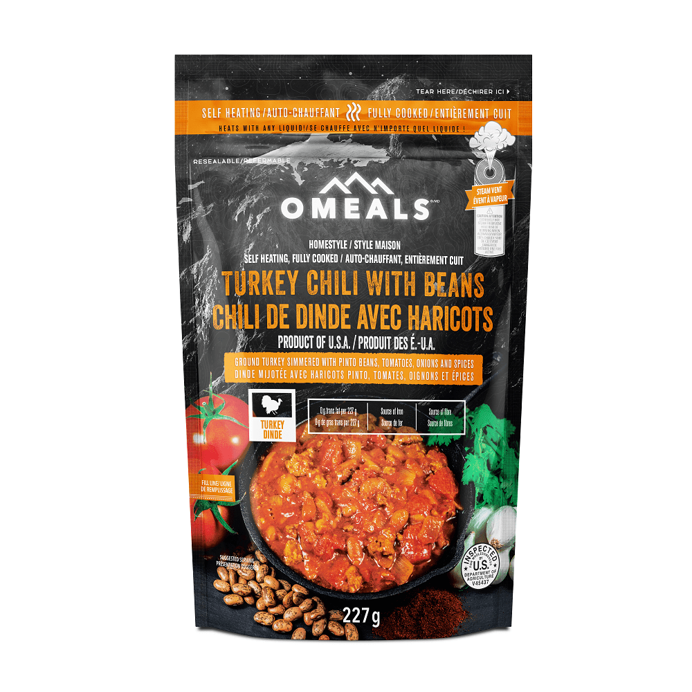 OMEALS Turkey Chili with Beans self-heating meal pouch, 227g, with tomatoes and pinto beans.
