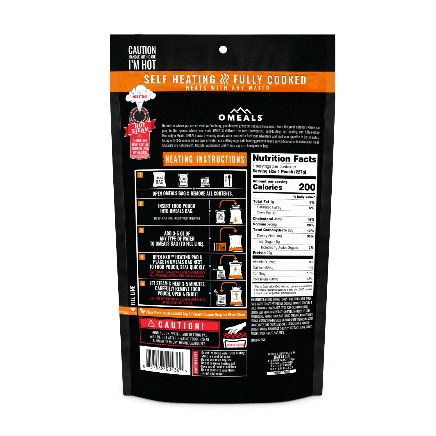 Back of OMEALS Turkey Chili with Beans self-heating meal pouch with instructions and nutrition facts