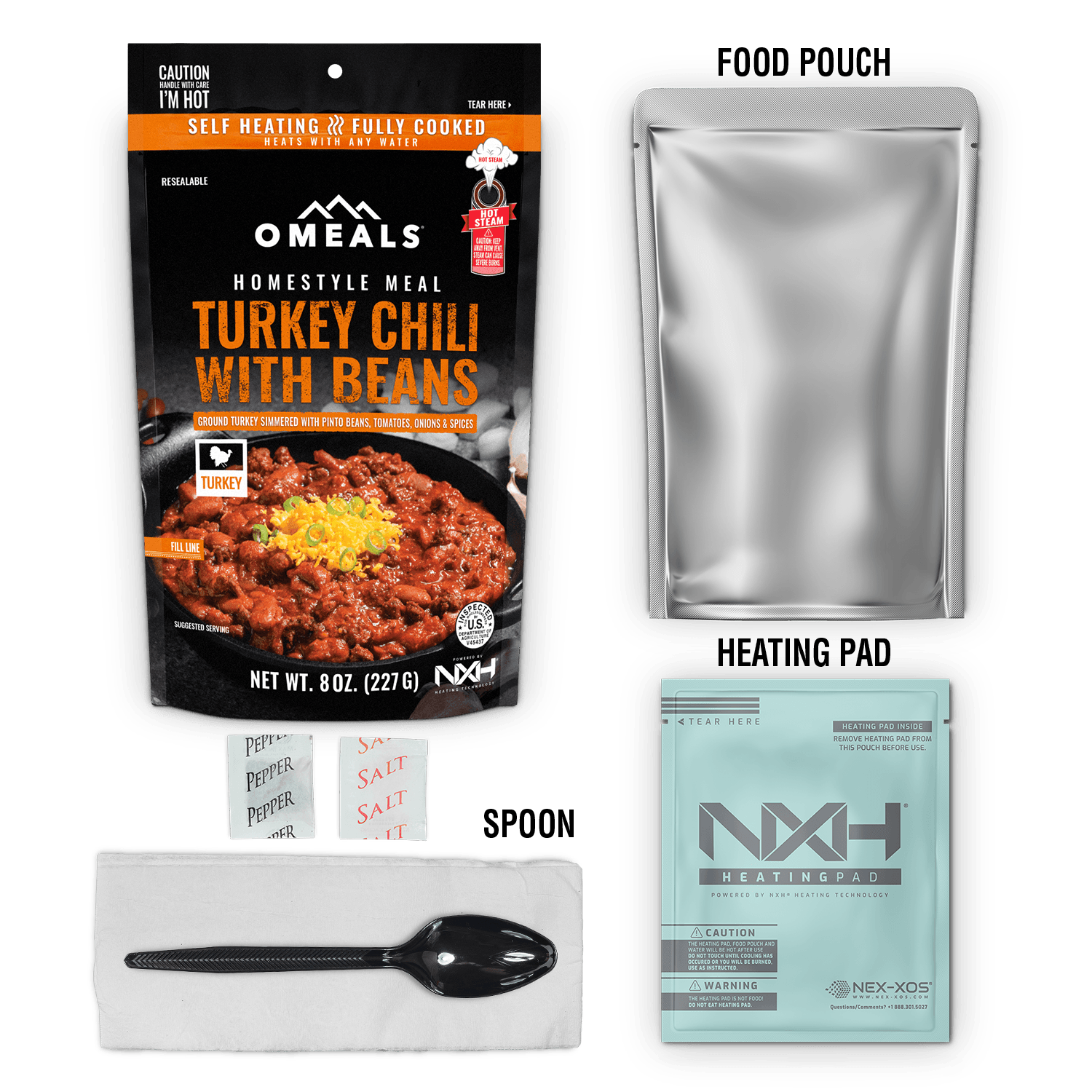 Omeals Turkey Chili with Beans self-heating meal kit includes food pouch, heating pad, spoon, salt and pepper packets.