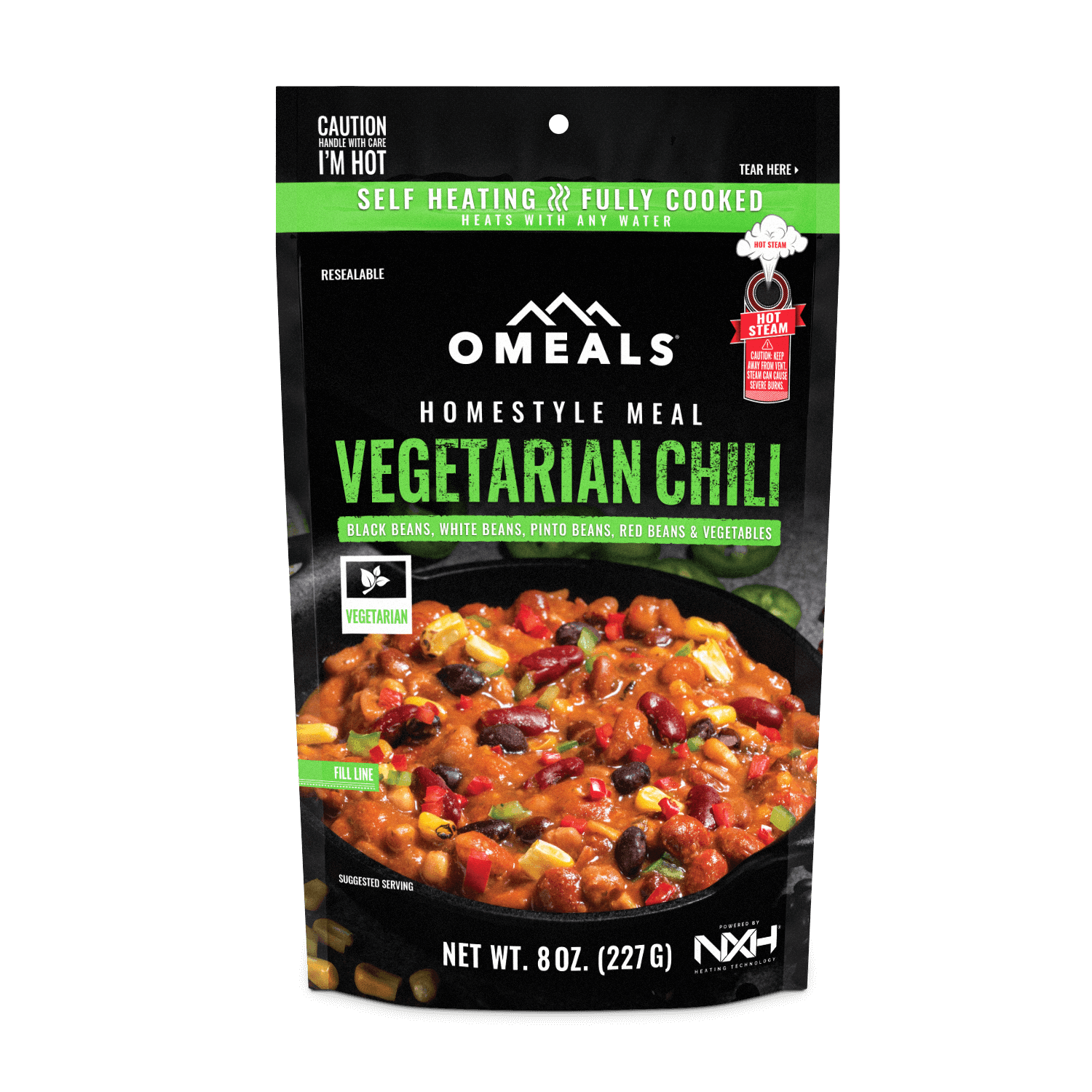 OMEALS Vegetarian Chili homestyle meal pouch with beans, vegetables, and self-heating features