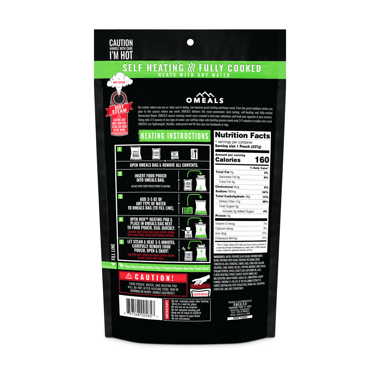 Back of Omeals Vegetarian Chili self-heating meal pouch with instructions and nutrition facts