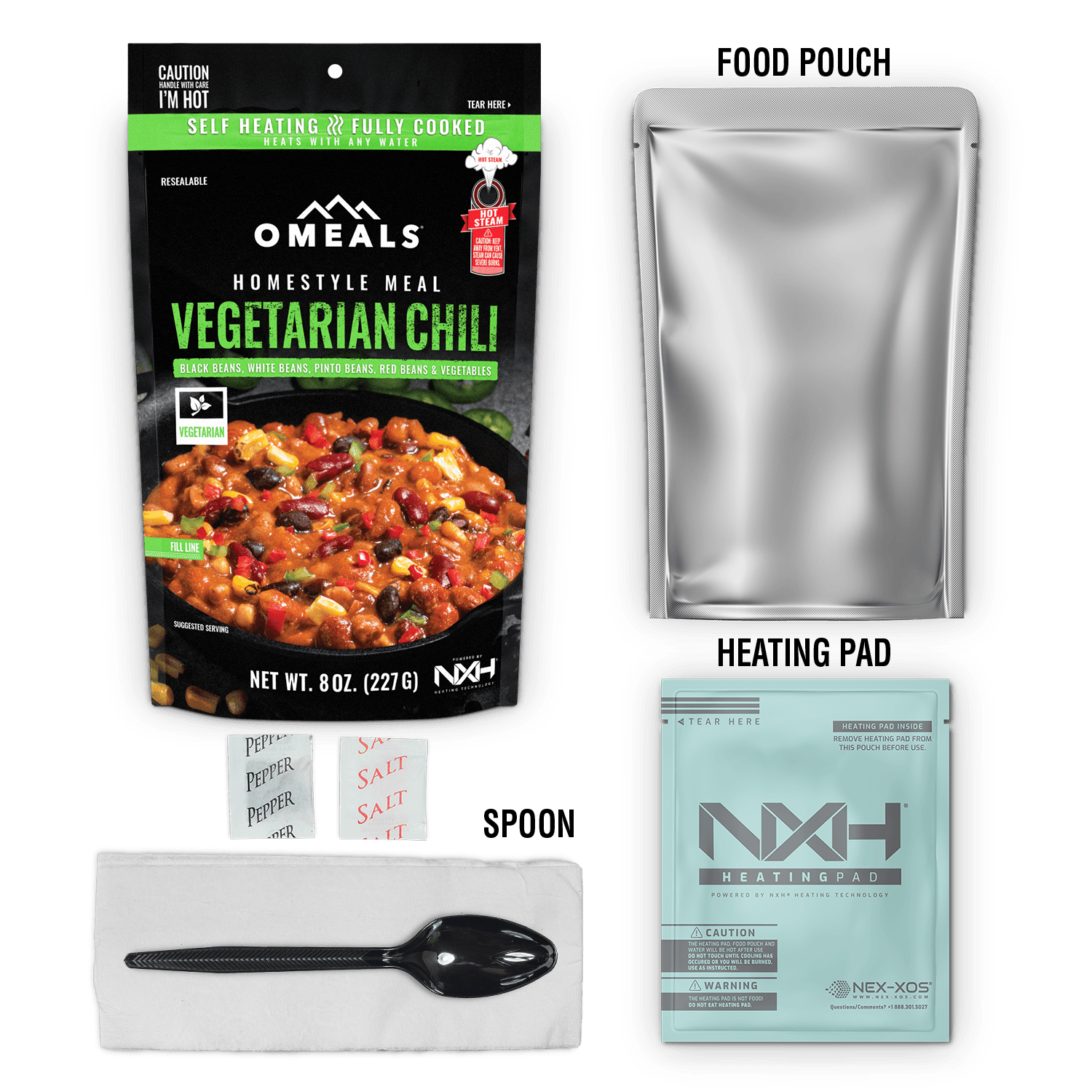 Omeals Vegetarian Chili self-heating meal kit with food pouch, heating pad, spoon, salt and pepper