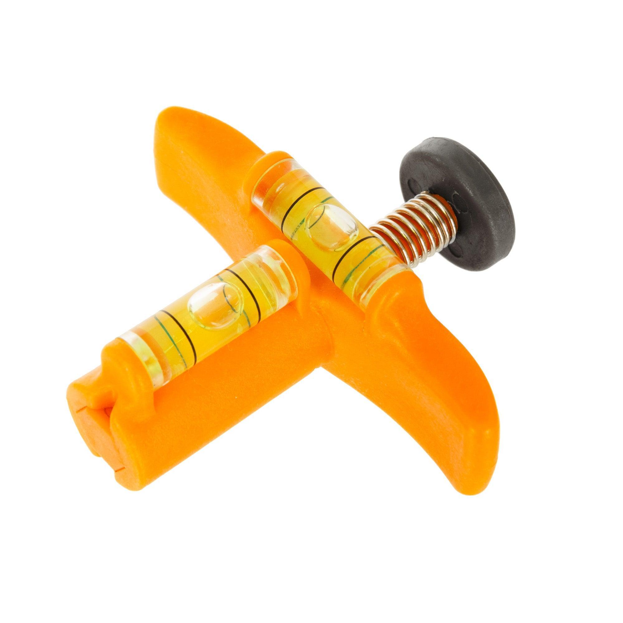Orange October Mountain freehand bow level tool with dual bubble vials on white background